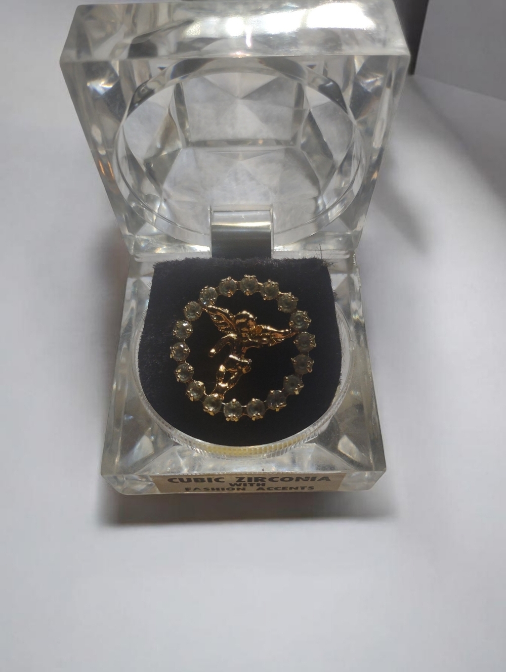Cubic Zirconia Gold Tone Guardian Angel Lapel Pin